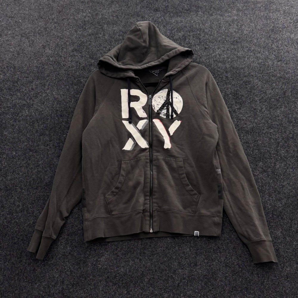 Roxy Womens Full Zip Hoodie Gray Graphic Peace Sign Striped Back Sweatshirt S